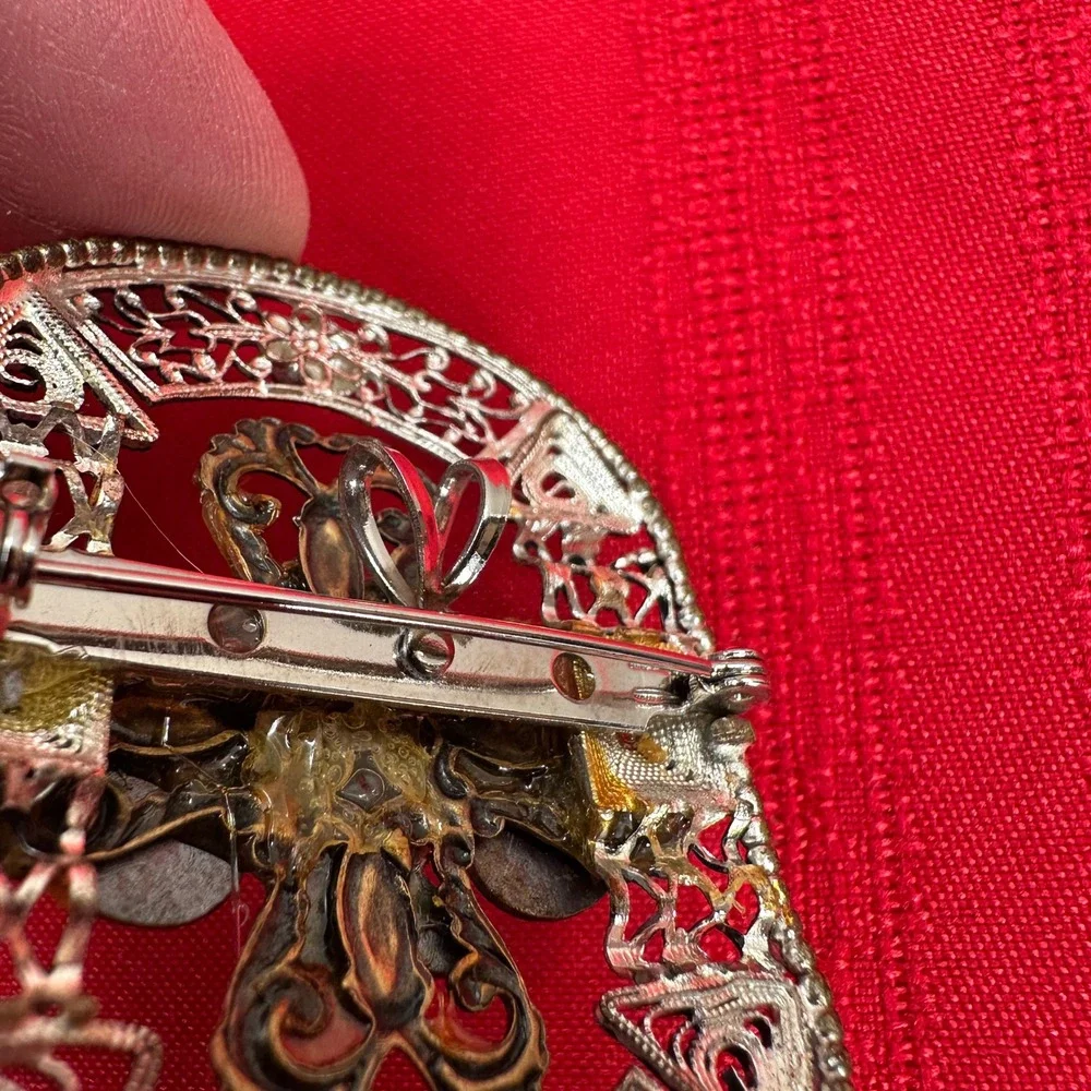 VTG 2 Handmade Religious Brooch/Necklace Ave‎ Maria Madonna Child Cross Filigree